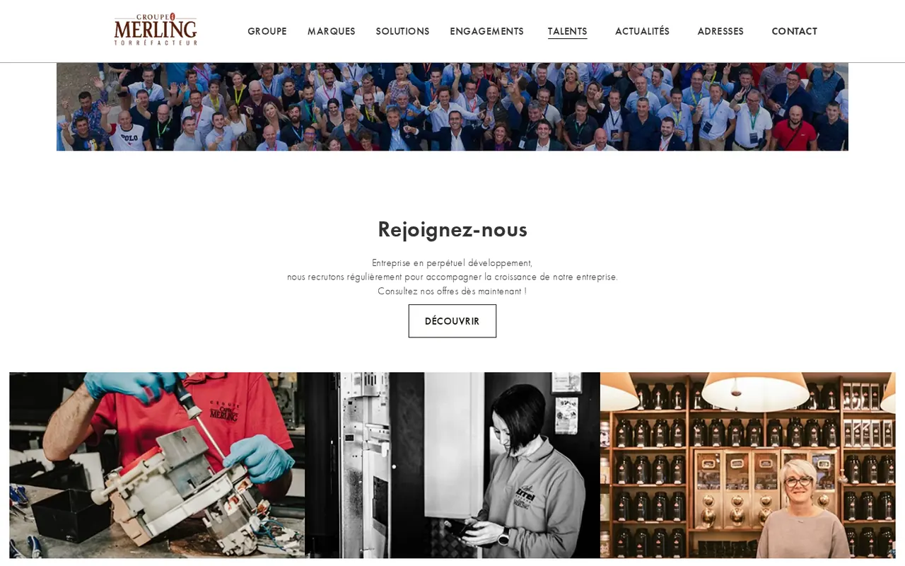 Page Talents du site du Groupe Merling présentant l’espace recrutement.
